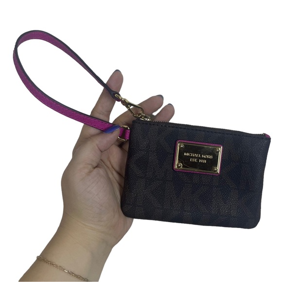 Michael Kors Jet Set Signature Monogram Small Wristlet Wallet Brown Gold Magenta - Picture 2 of 10